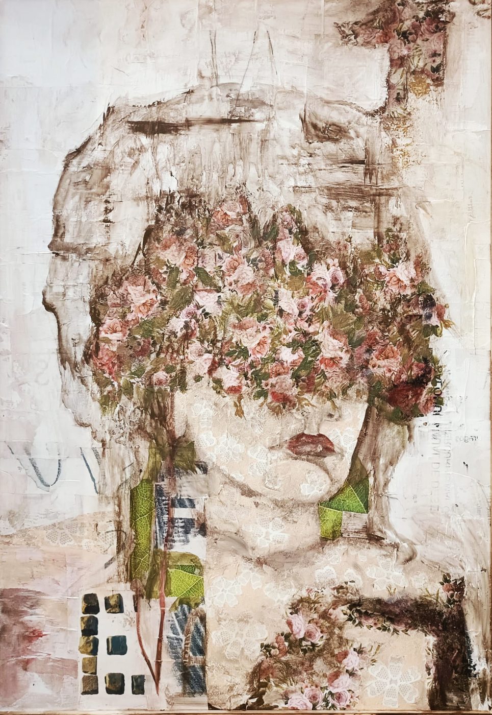 Unde este Eva? — portret acoperit de flori, colaj mixed media